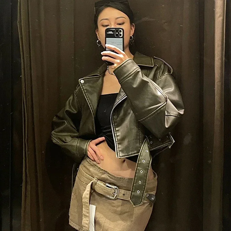 Women Leather Jacket 2023 New Lapel Belt Long Sleeve Zipper Pockets Lady Short Coat Femmle Fashion Motorcycle Leather Coat