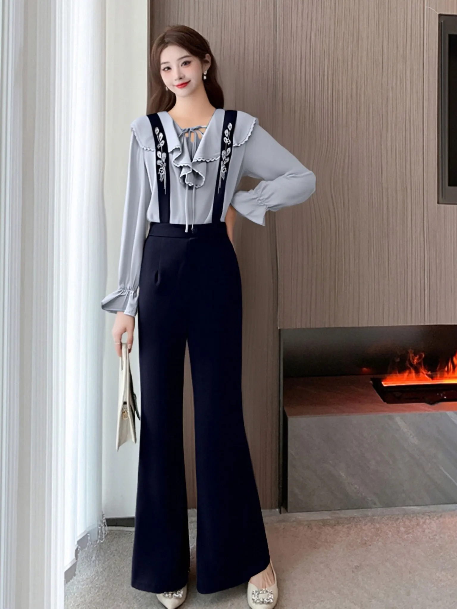 

Elegant Casual Women's Two-Piece Set High Waist Long Pants Shirt And Overalls Autumn Fashion Ensemble Polyester Long Sleeve