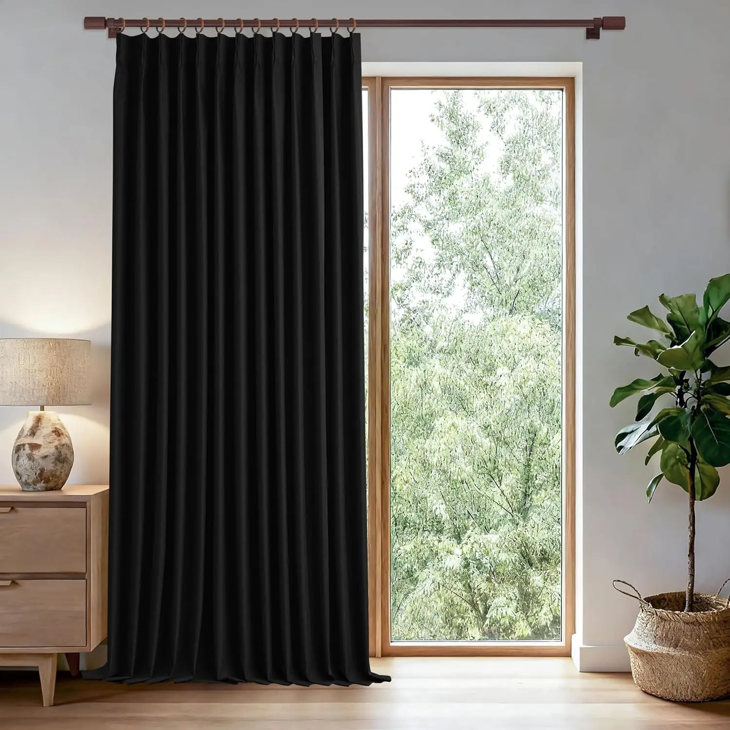 

Black Pinch Pleated Curtains 96 Inches Long Linen Blend Blackout Light Blocking Room Divider Drapes for Bedroom Extra Wi