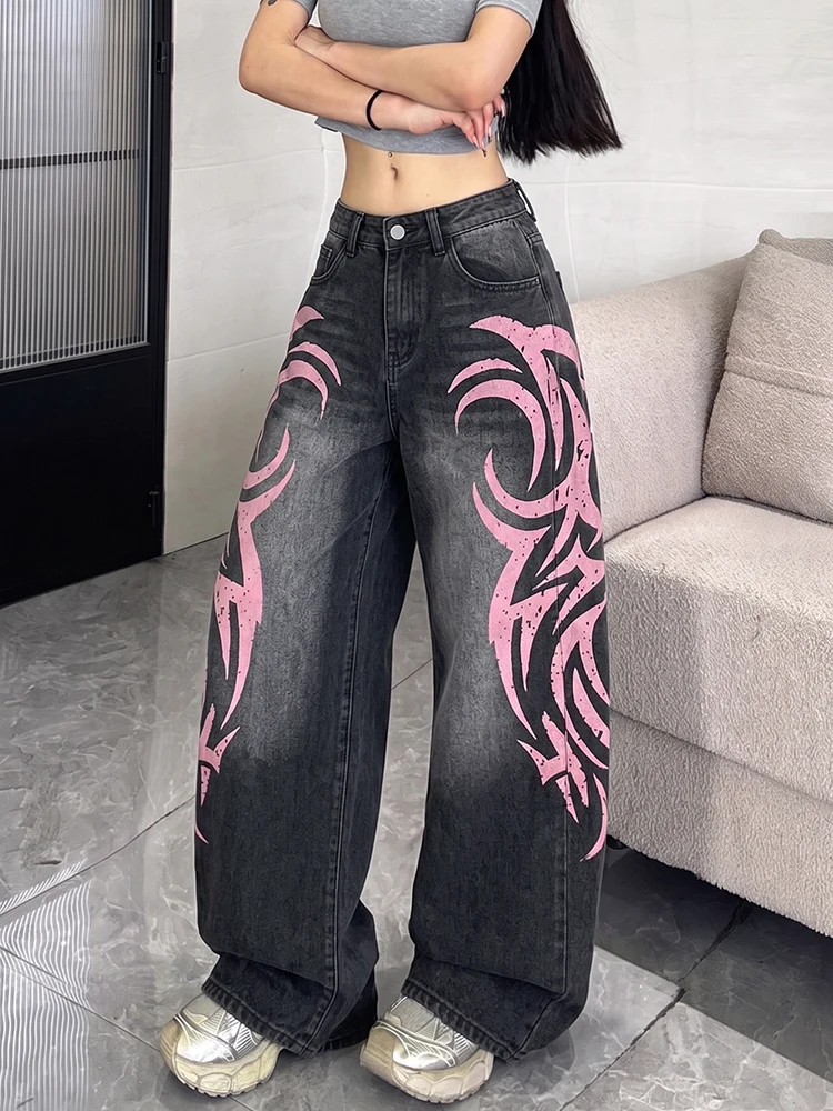 Women Wide Leg Jeans Pink Tribal Print Loose Denim Trousers Mid Waist Y2K Street wear Casual Long Jeans for Ladies