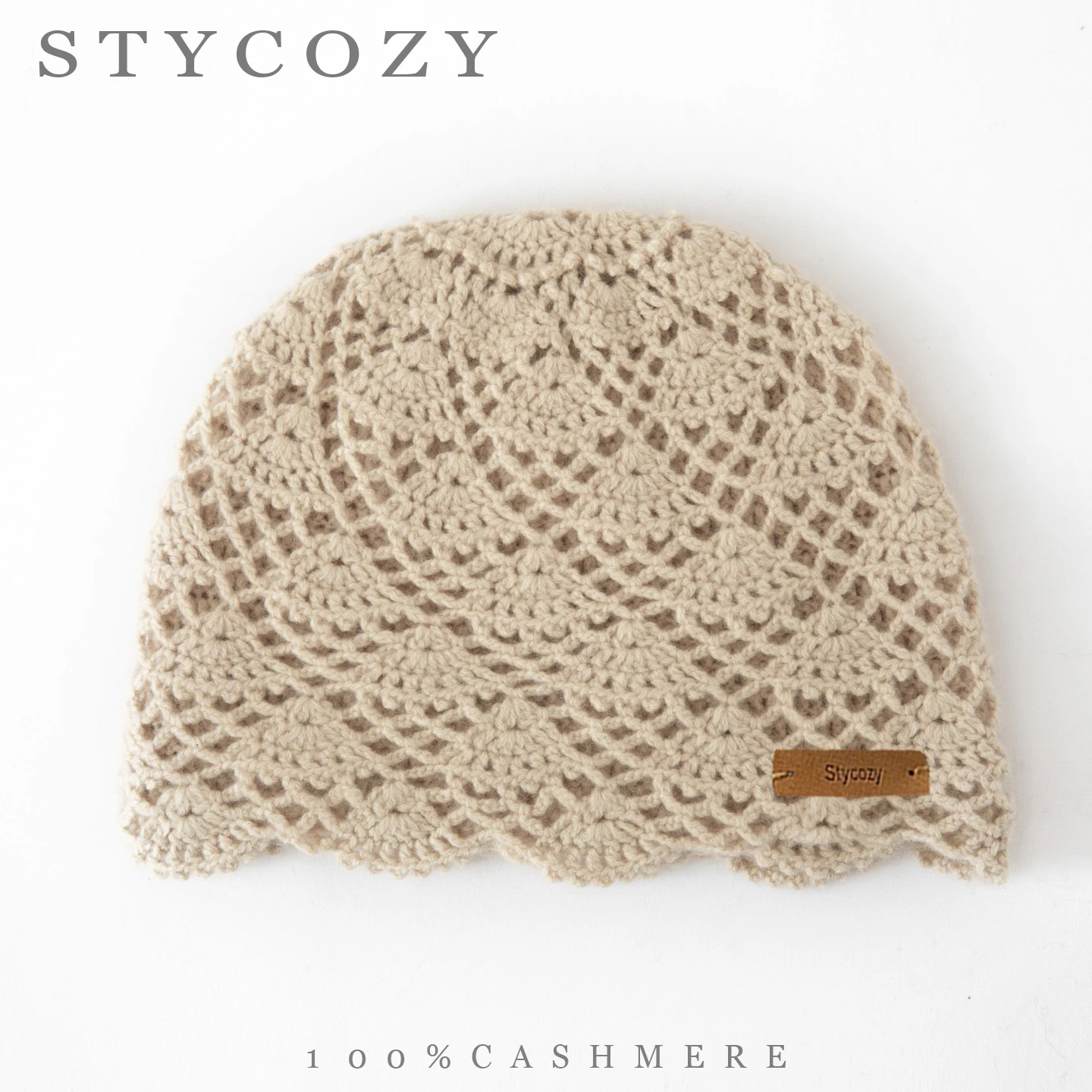 100%Cashmere Hollow Lace Crochet Skullcap Women Boho Scalloped Wavy Edge Knitted Beanie Vintage Solid Lightweight Daily Wear Hat