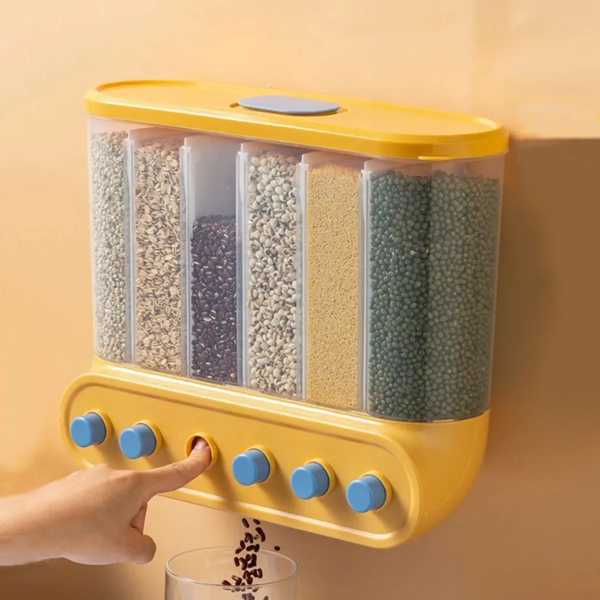 Wall Mounted Cereal Dispenser Grain Rice Bucket Classify Grid Storage Organizer Moisture-proof Kitchen Food Container Space Save