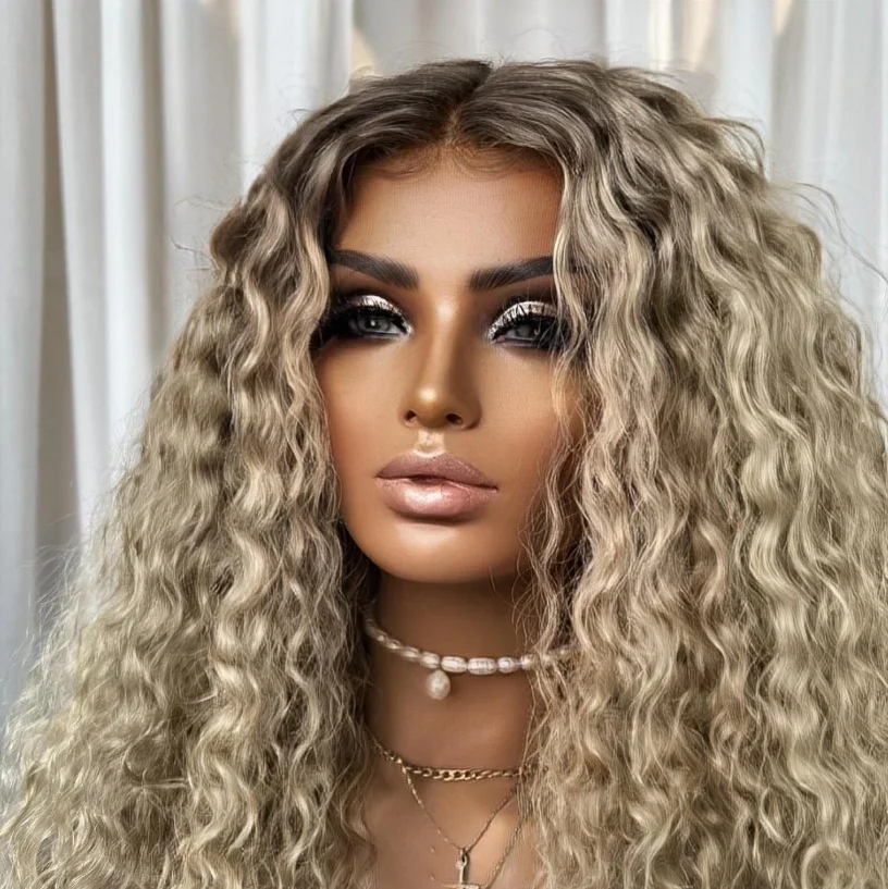 High Quality Wig 13x4 Ombre Blonde Brown Dark Roots Synthetic HD Invisible Lace Front Wig for Women Luxury Hair Deep Curly Wigs