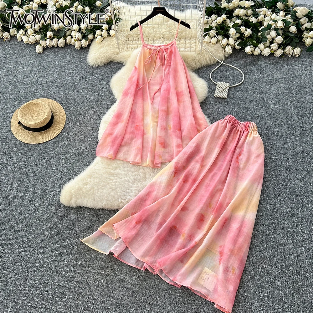 

TWOTWINSTYLE Tie Dye Loose Casual Two Piece Sets For Women Camisole Sleeveless Top High Waist Skirt Sexy Set Female KSE541053