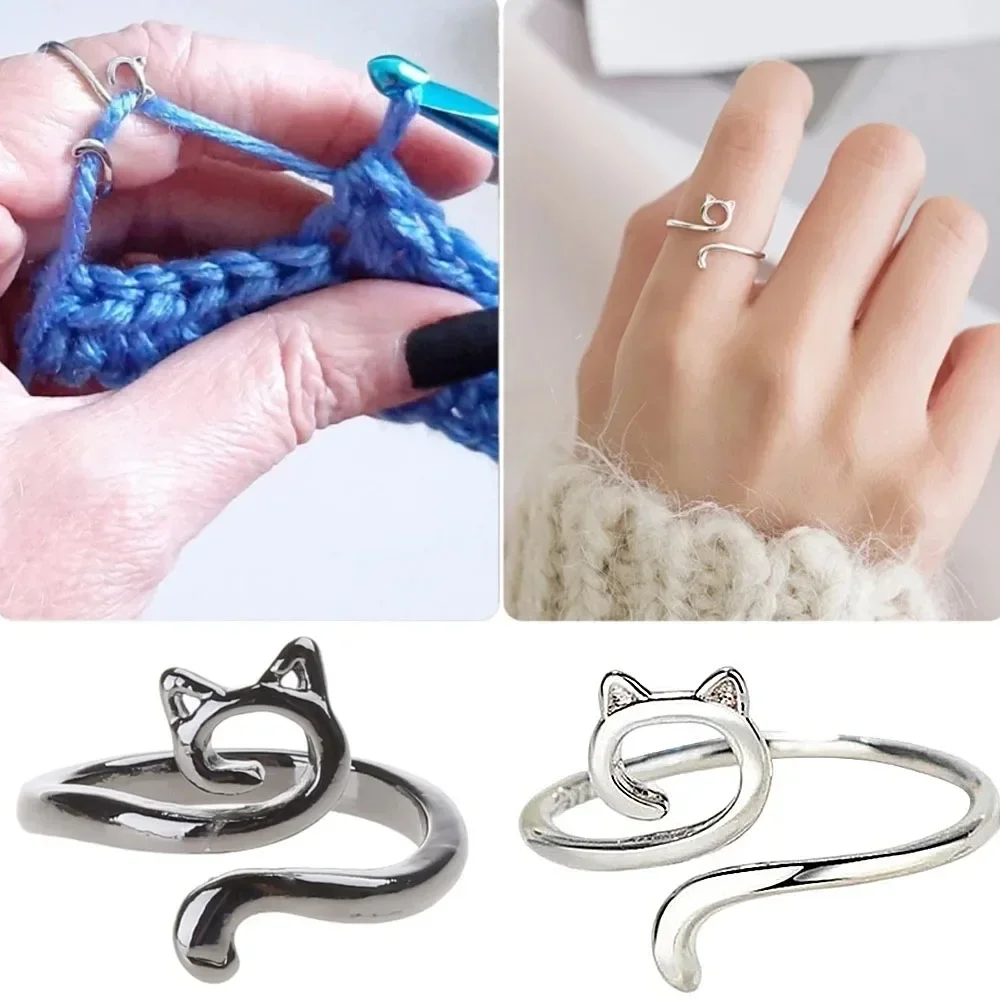 Adjustable Size Ring Cat Ears Cute Animal Open Crochet Ring Beginner Knitting Crocheting Loop Thread Wrapped Rings Jewellery