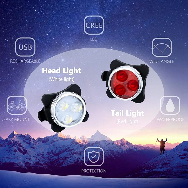 USB Rechargeable Bike Lights Set Head Light (White Light) &Tail Light (LED Red Light) for Road Bicycle Accessories,2 Set HOT