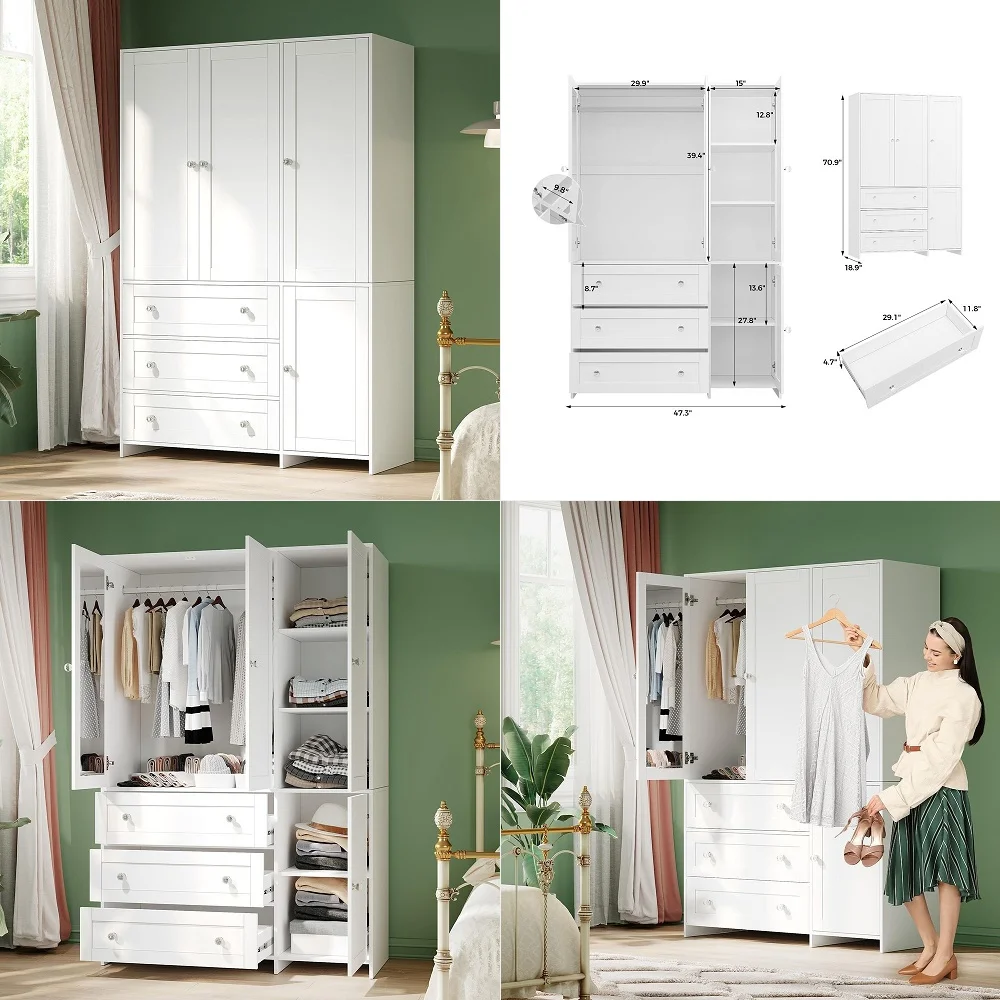 

Armoire Wardrobe Closet with Drawers and Mirror, 71 Clothing Storage Cabinet with Hanging Rod, 4 Doors Wooden Wardrobe Cabinet