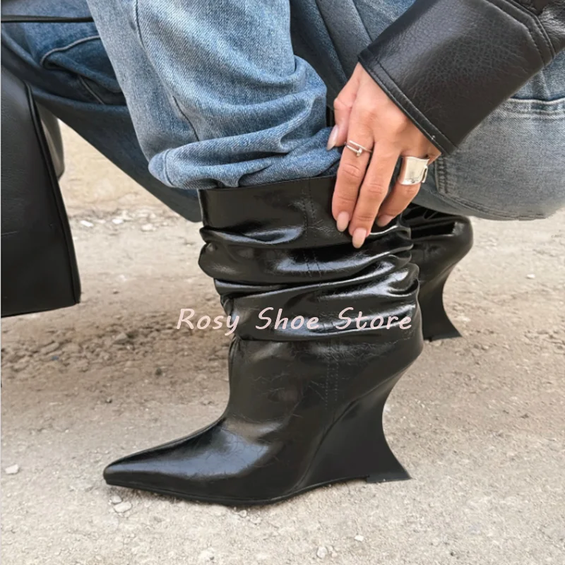 بورجوندي الجلود مترهل الأحذية مثير أشار تو الانزلاق على إسفين كعب حذاء من الجلد الشتاء أنيق الشارع نمط سيدة ناضجة الأحذية