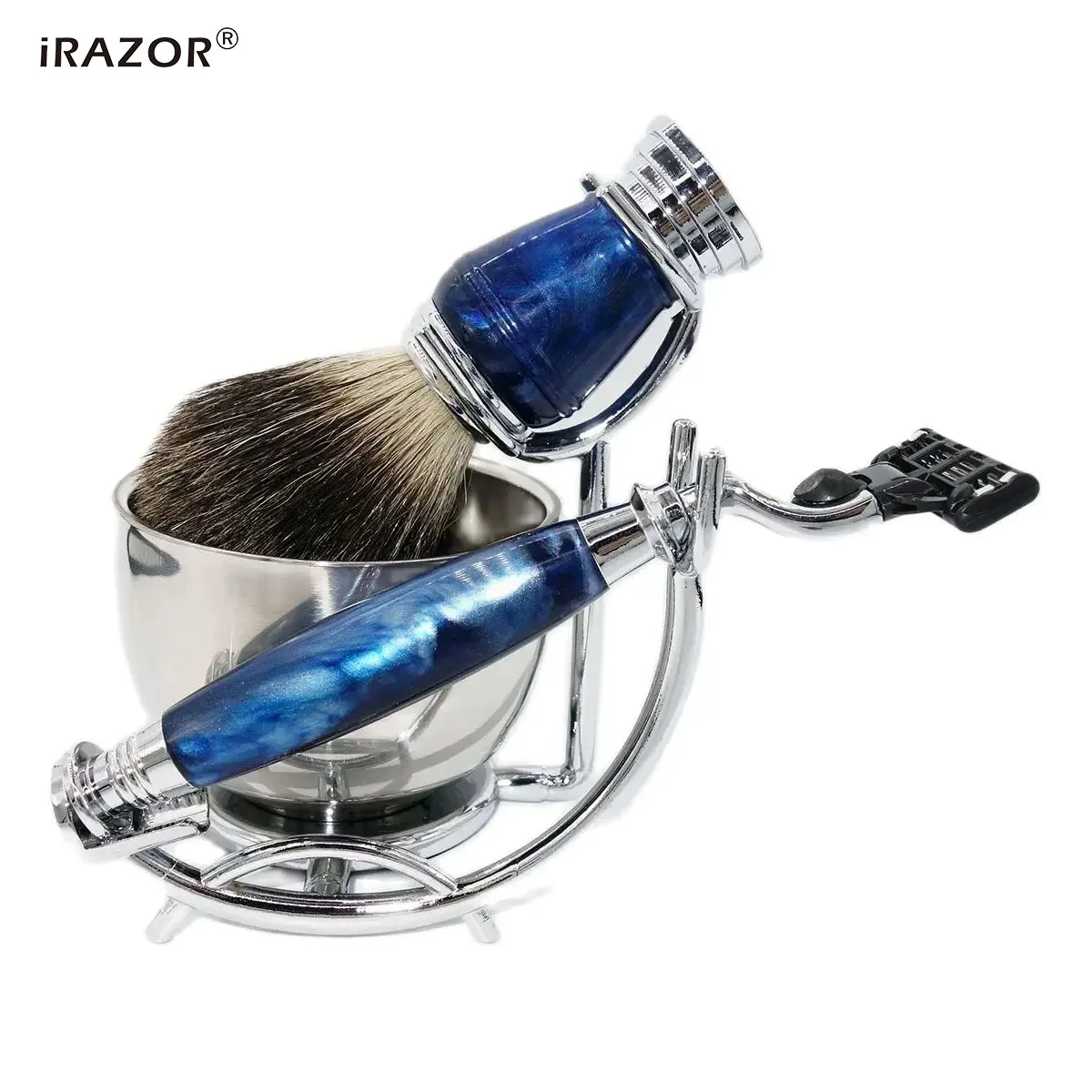 iRAZOR 4 in 1 Men Professional Barber Shaving Machine Accessories Kit with Reusable Mach 3 Chin Shaver Razor Blade Clean Brush