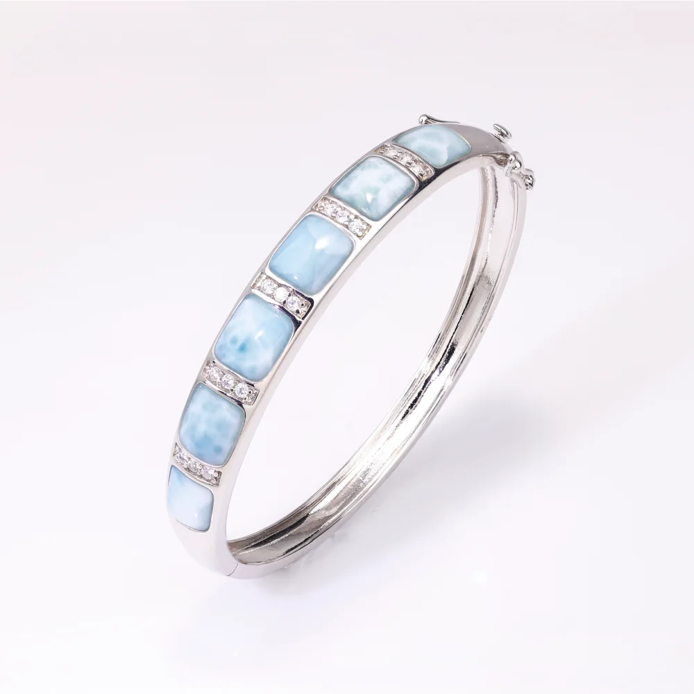 

925 Sterling Silver Fine Geometry Bangles Bracelet Genuine Larimar Gemstone Jewelry for Women Mother Wife Fashionable Gifts
