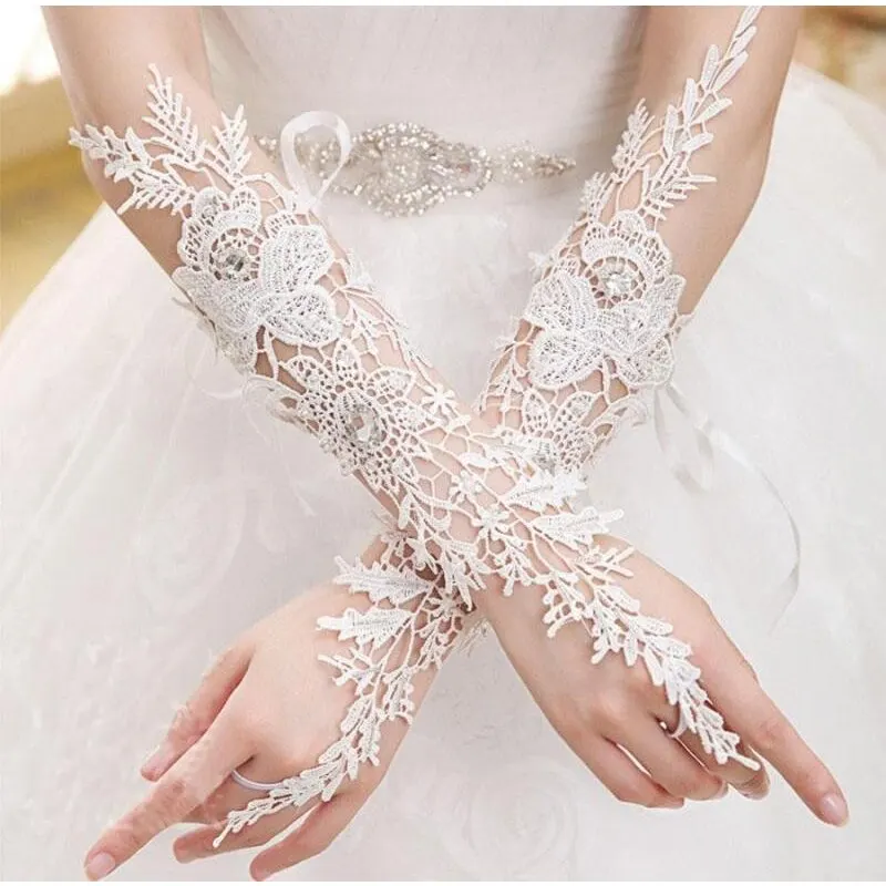 Diamond Hook Finger Long Lace Hollow Out Gloves Solid Color Lace Strap Fingerless Gloves