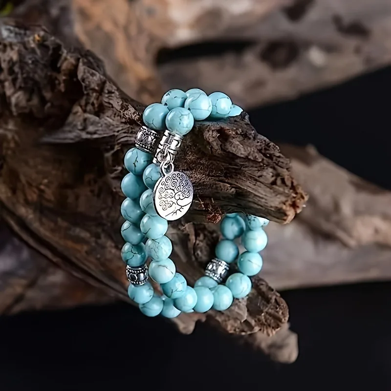 

8mm Turquoise Bracelet for Men Women Natural Stone Handmade String Beads Chain Bangle Tree of Life Pendant Bohemia Charm Jewelry