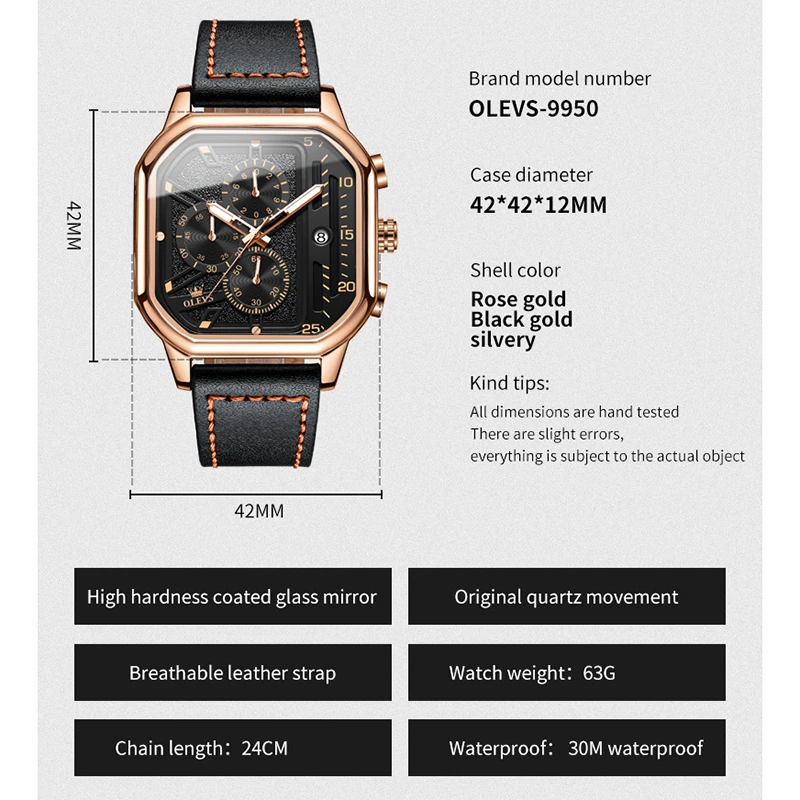 OLEVS 9950 reloj deportivo de cuarzo regalo esfera cuadrada correa de reloj de pulsera de cuero genuino cronógrafo calendario luminoso