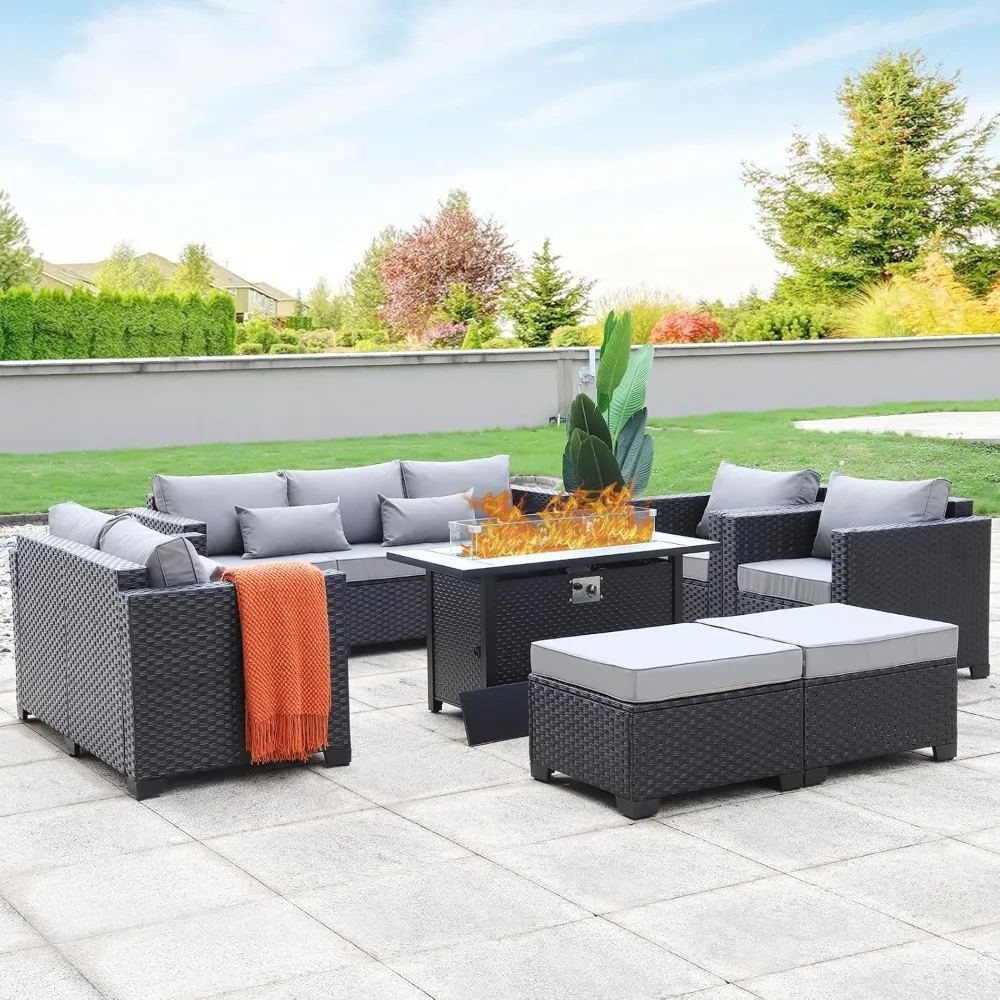 7 PCS Outdoor Furniture Sets 60000BTU 45 Inch Outdoor Propane Fire Pit Table Patio Furniture Set No Slip Cushions