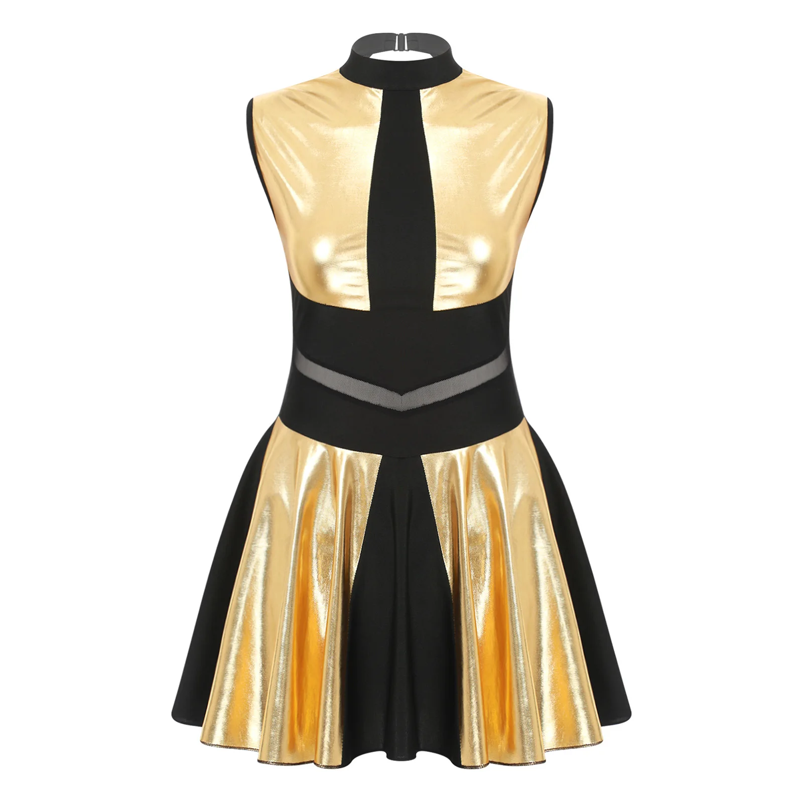 Dames glanzende metallic clubjurk Sher Mesh patchwork mouwloze uitgesneden rugloze geplooide jurk cheerleading kostuum clubwear