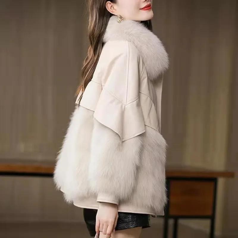 Winter New Fallow Leather Jacket Women's Dress Jacket Down Jacket Korean Version Imitation Fox Hair in One Body Fur Coat Thick