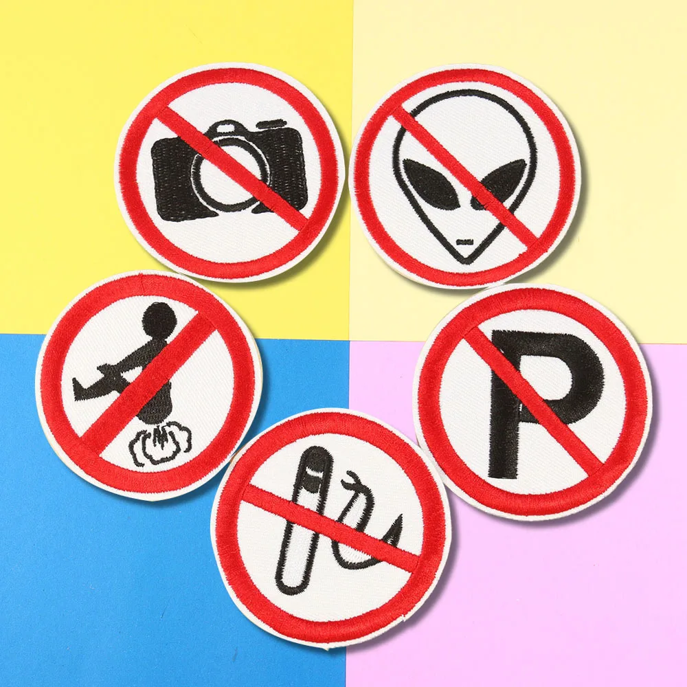 Fashion Prohibition Sign No Alien No Smoking No Stop Symbol Round Applique Iron On Patches On Clothes Embroidered Badges