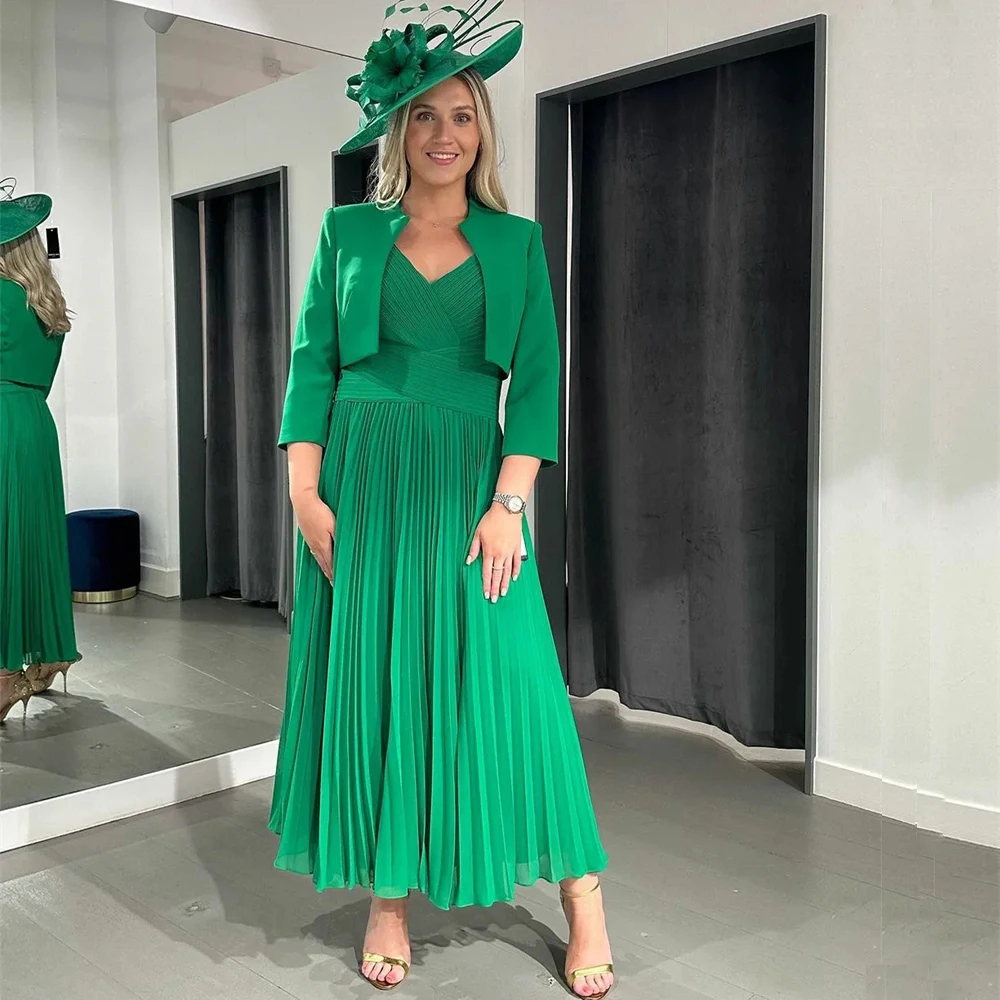 Green Mother of the Bride Dresses With Jacket A-Line 3/4 Sleeve Pleated Mother of Groom Dress 2 Pieces Godmother Dress for Women