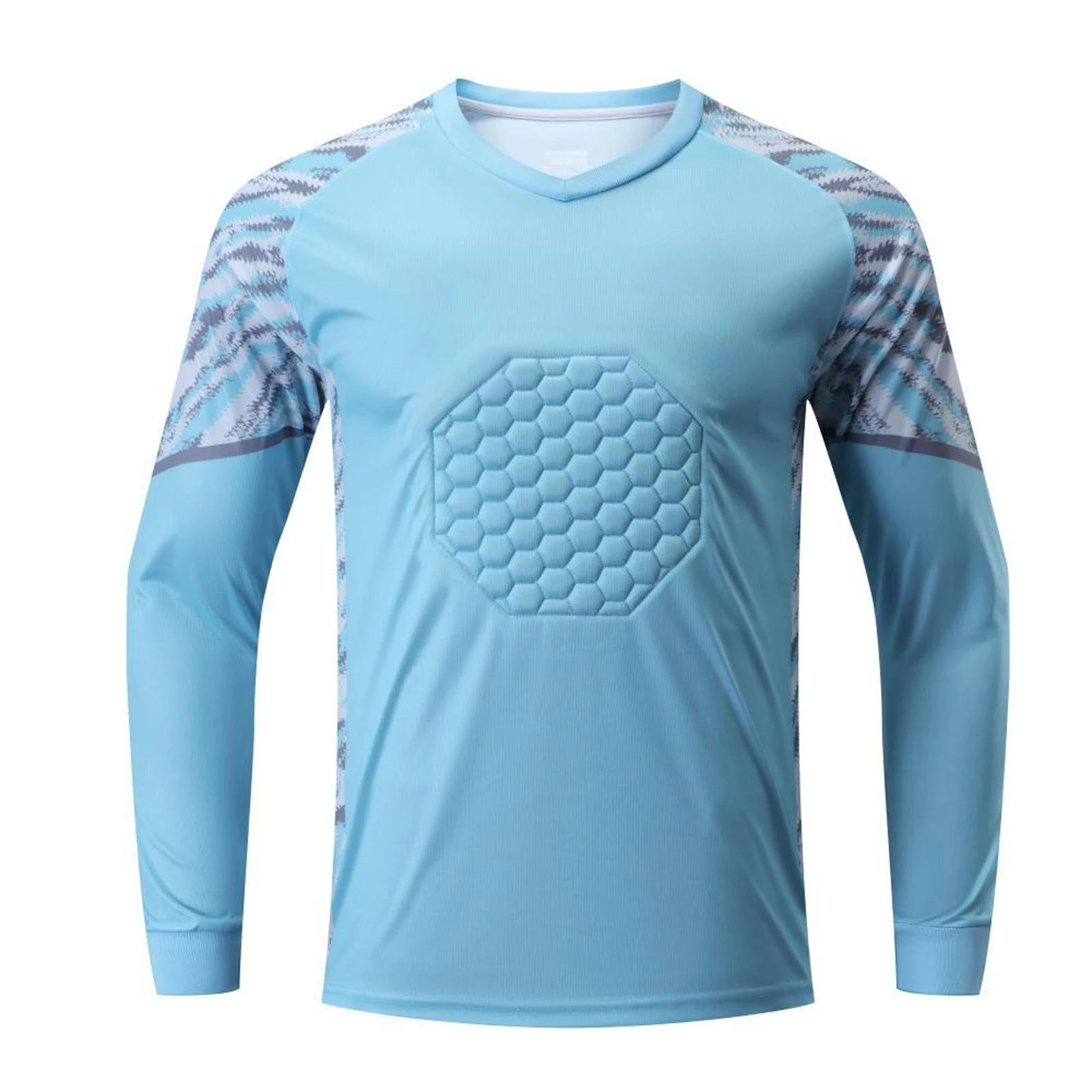 Mens Sport Tops Fashion Padded Goalie Shirt Casual Stylish Print Long Sleeve V-neck Goalkeeper T-shirt for Football Soccer Game