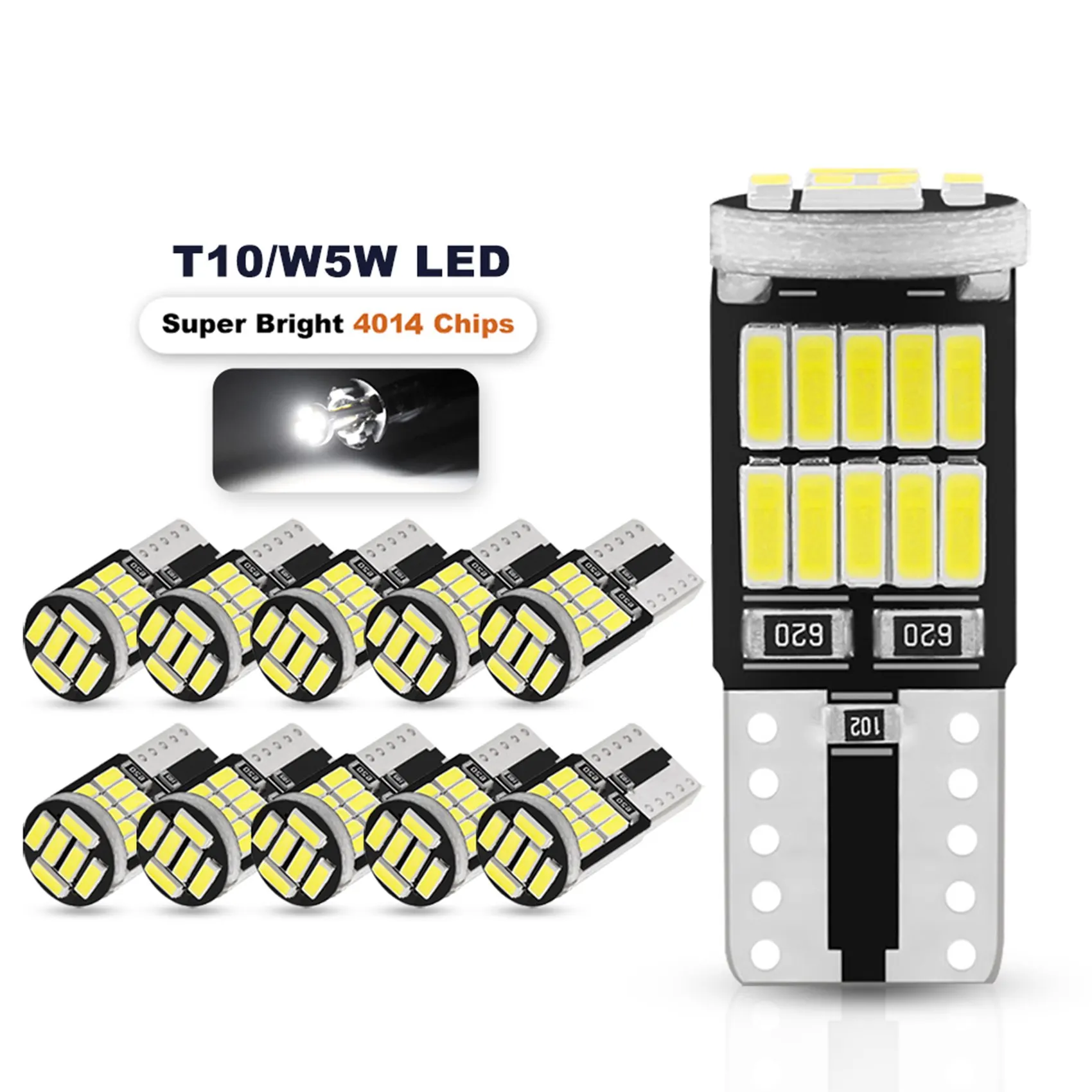 자동차 인테리어 돔 루프 램프 번호판 신호 램프 테일박스 전구, W5W T10 LED 전구, 4014 26SMD, 12V 백색등, 10 개