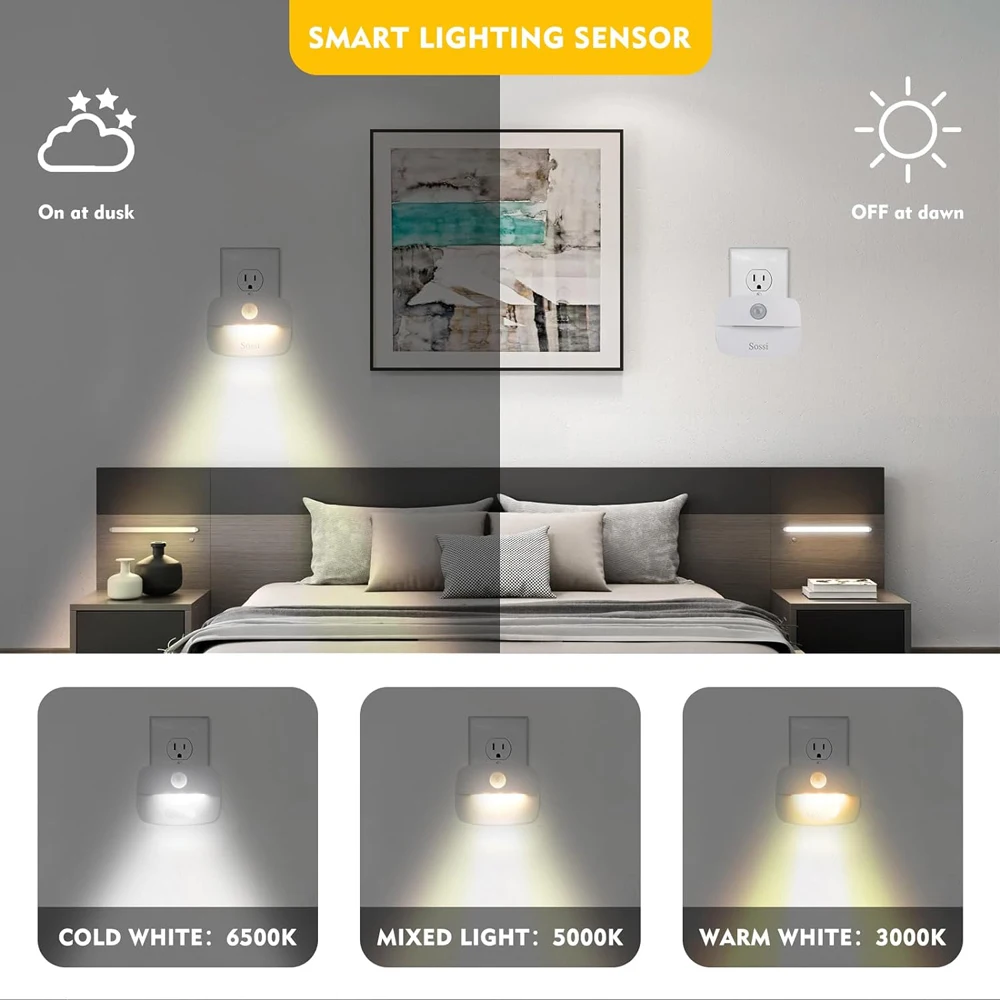 Lampka nocna LED EU Plug In Smart Motion Sensor Light 220V Lampa ścienna do domu, korytarza, toalety, schodów, kuchni, sypialni, lampki nocnej