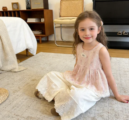 

Two-piece Set Girls' Vest Summer New Style Baby Lace Wide Leg Pants Thin Sweet Fashion and Sweetheart Suit