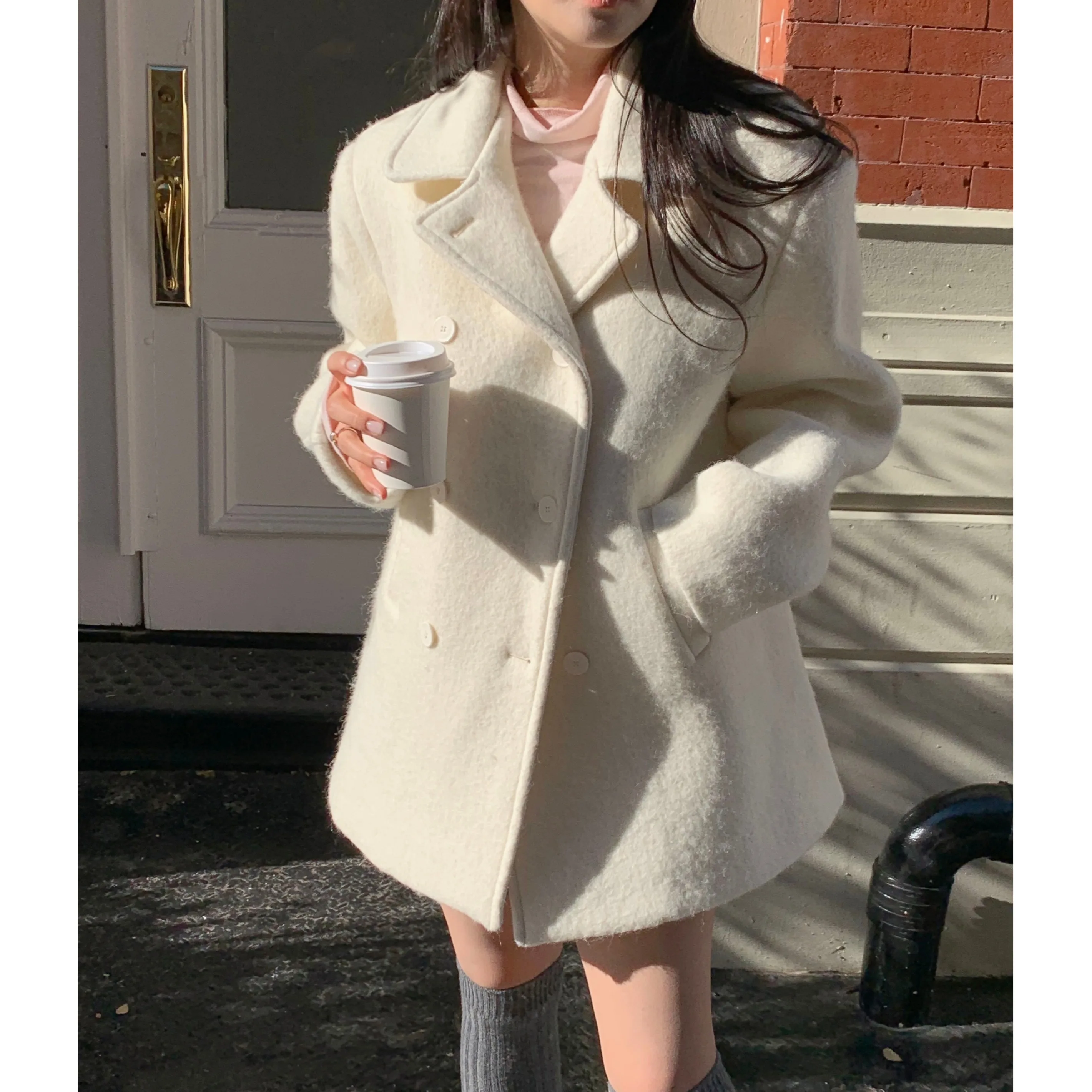 

Ele Double-Breasted Woolen Coat for Women Sli Autumn Winter Faion Gentle Ele Sweet Ring Wool Long Sve Coat