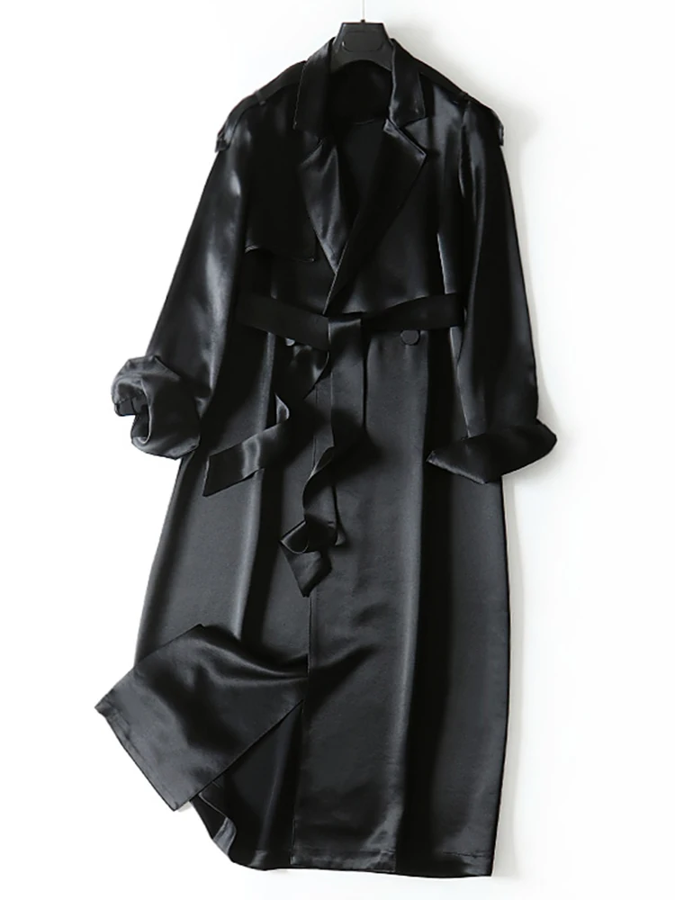 Lautaro Lente Herfst Lange Zachte Luxe Elegante Flowy Satijn Acetaat Trenchcoat Voor Vrouwen Hoge Kwaliteit Chic Britse Mode 2022