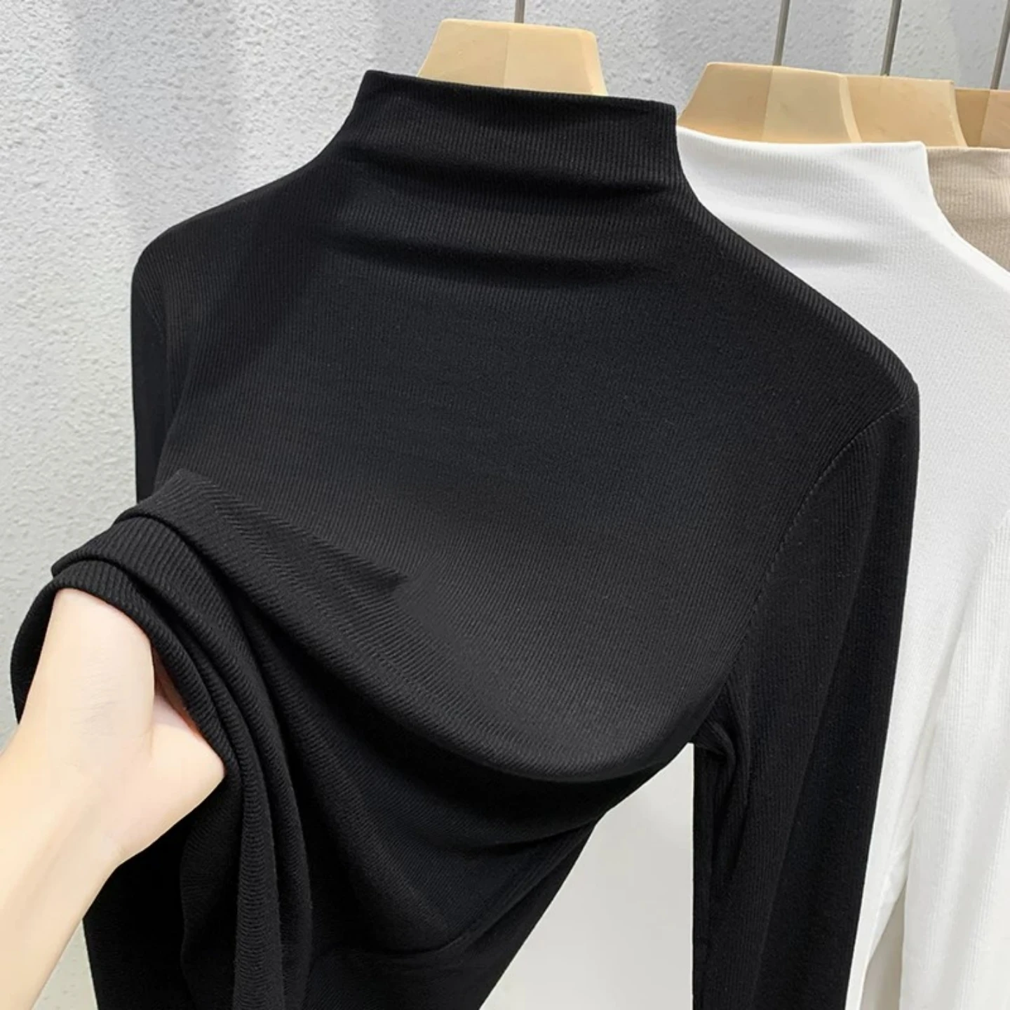 Slim Fit Long Sleeve Half High Collar Base Shirt Women's Autumn Winter Cotton Elastic Fiber T-Shirt Fashionable Versatile Bas...