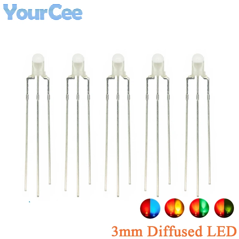 50pcs F3 3mm Fog Diffused Diode Two Color Common Anode/Cathode Round LED Warm White Blue Yellow Green Bi-Color Light Emitting