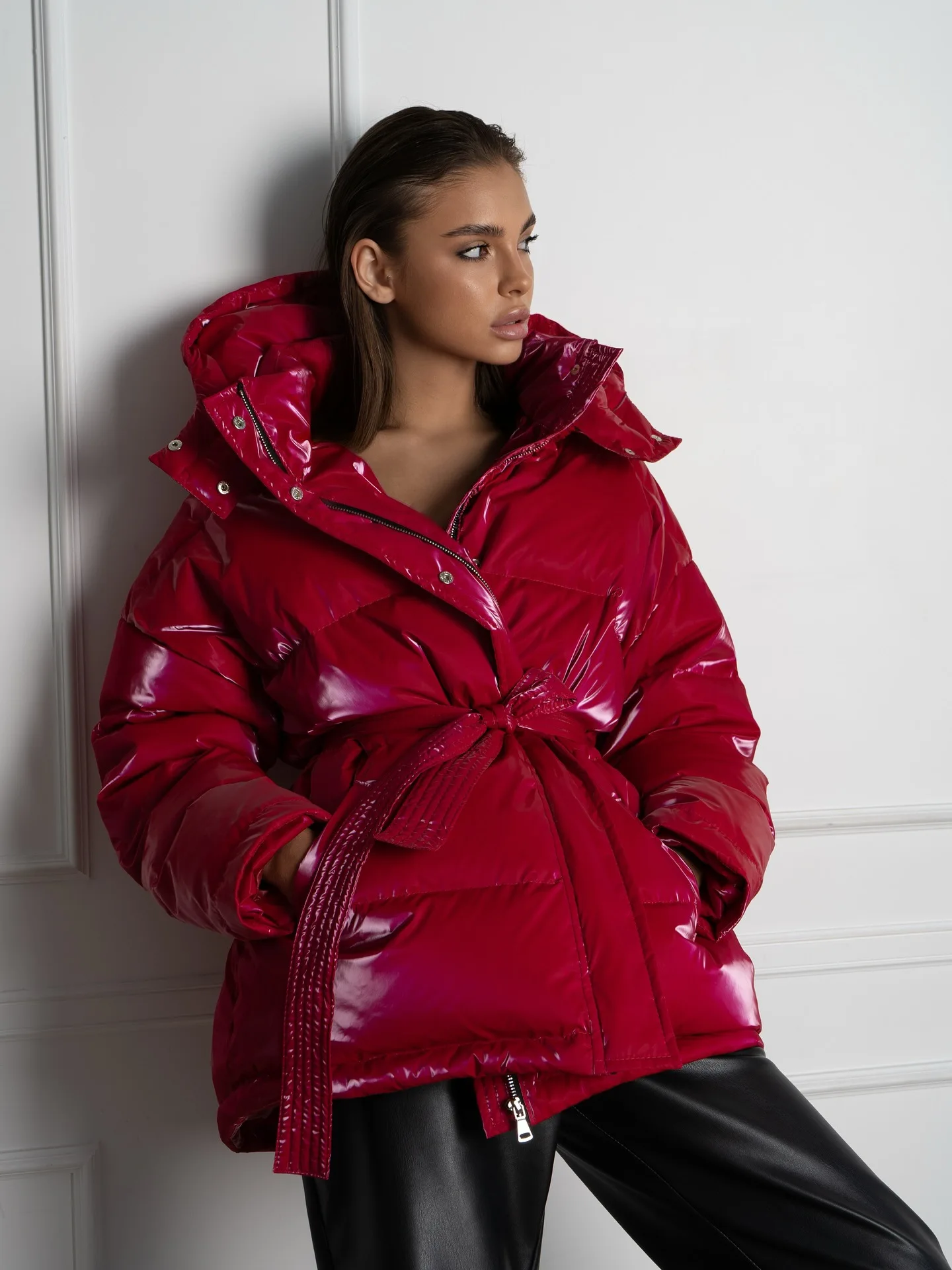 Women's Windproof Warm Padded Cotton Coat - 2026 Shiny Reflective Hooded | Waist Tie Belt Cinched Puffy Jacket for Commute Date