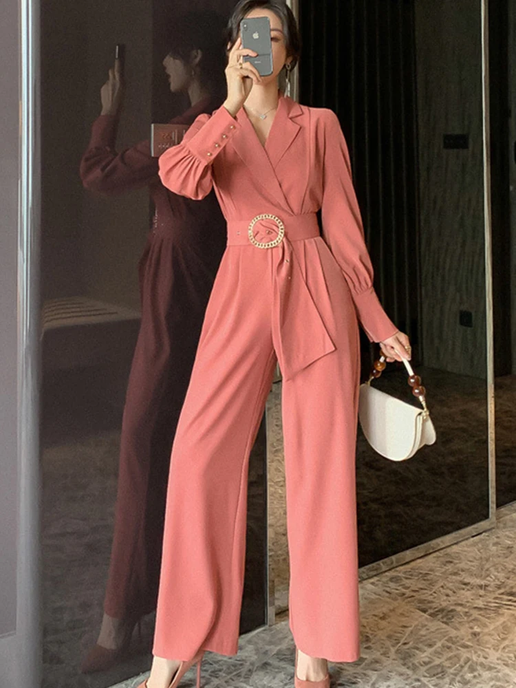 New Summer Elegant Professional Jumpsuit Women Solid Notched Collar Long Sleeve Adjustable Waist Maxi Pants Work Office Rompers