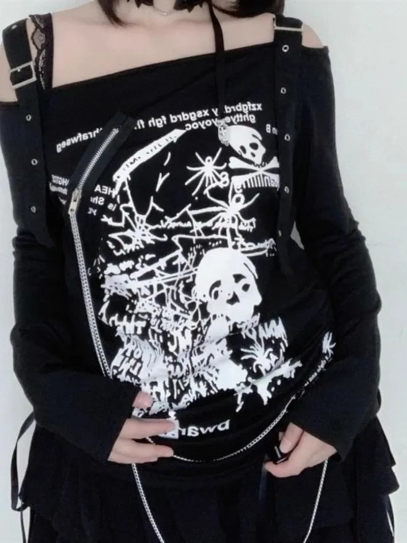 Black Harajuku Hot Girl Gothic Punk Subculture Y2k Top Off Shoulder Sexy Printed Long Sleeve Drawstring Loose T shirt Summer New