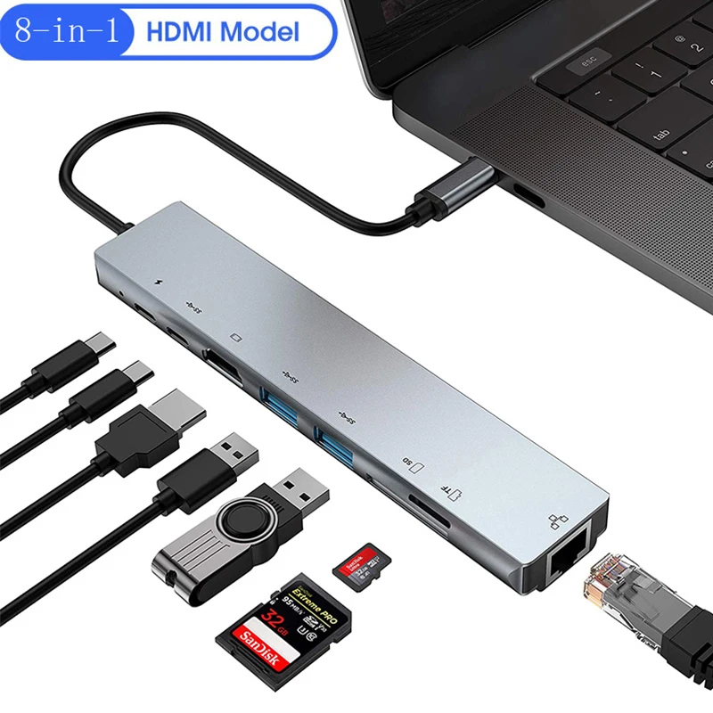 Smartphone USB Type C Hub 8 in 1 USB3.1 To 4K HDMI Adapter with RJ45 SD/TF Card Reader PD Fast Charge for Laptop Computer Hub