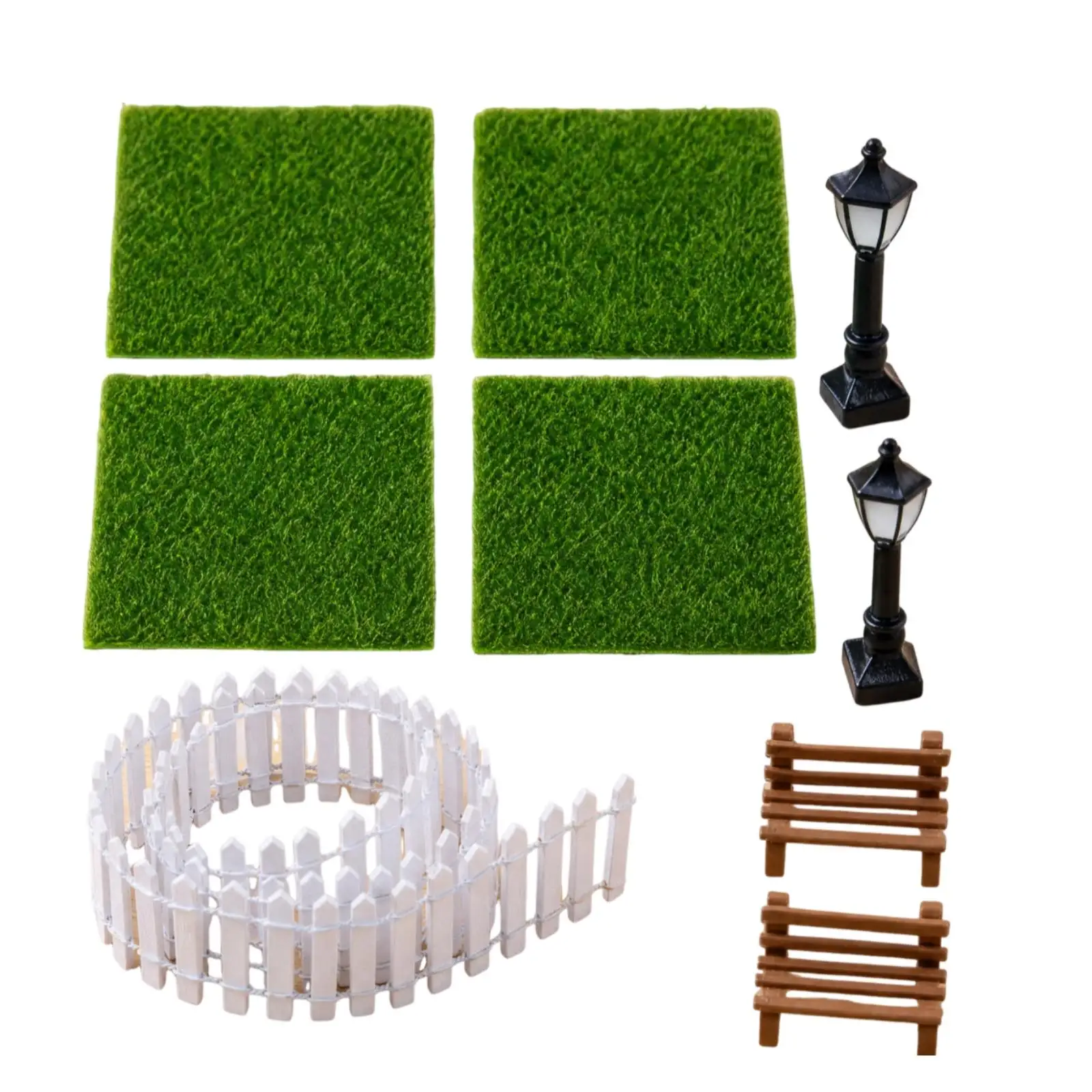 Dollhouse Miniature Garden Decor with Lantern Bench and Fence for Outdoor Fairy Diorama Scene Building Craft Project