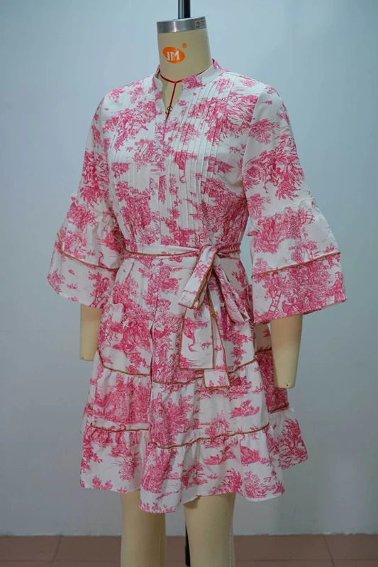 Vintage Bedrucktes Schnür-Minikleid für Damen Mode Gerüschtes Plissiertes Kleid mit Langen Ärmeln High-Street-Stil mit Bindegürtel Damenkleider – Detail 6