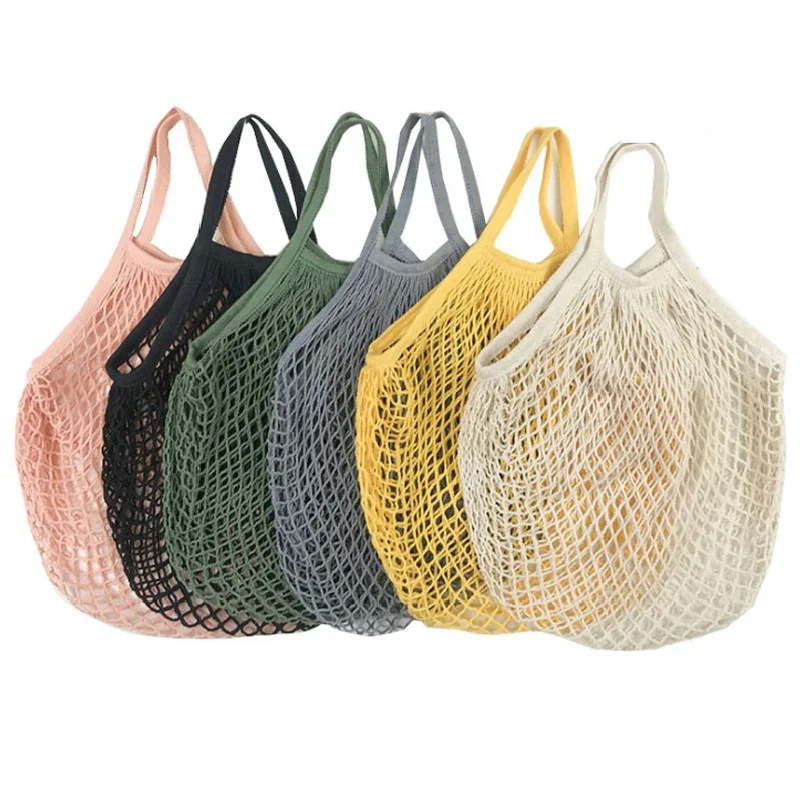 

Handheld foldable shopping Cotton mesh bag , reusable fruit mesh bag, Woven mesh pocket hollowed out kitchen storage