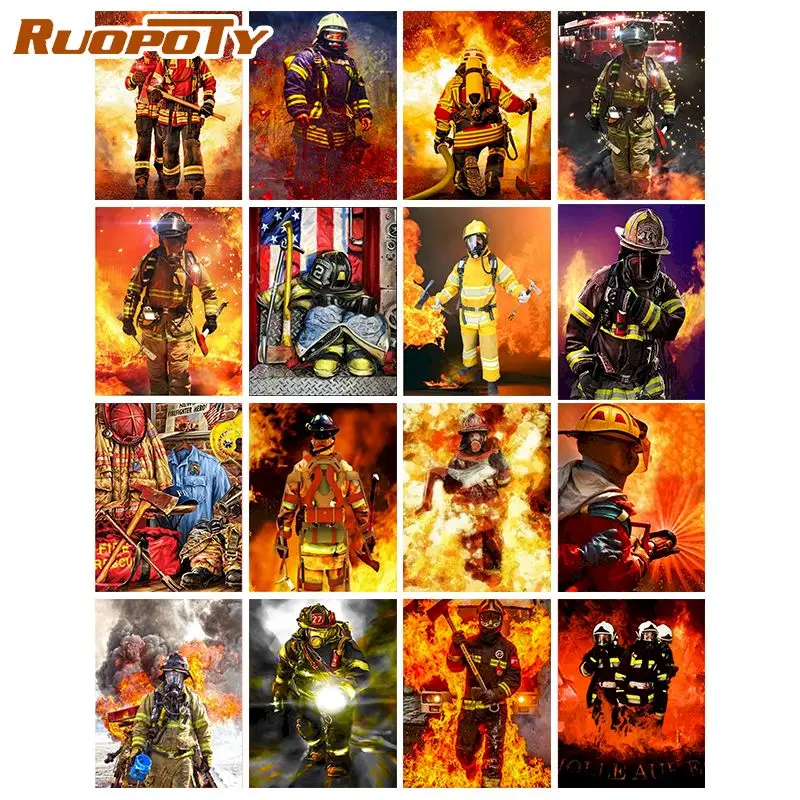 

RUOPOTY Handmade Diamond Painting Firemen Mosaic Full Round Rhinestone Kit Diamond Embroidery Cross Stitch Needlework