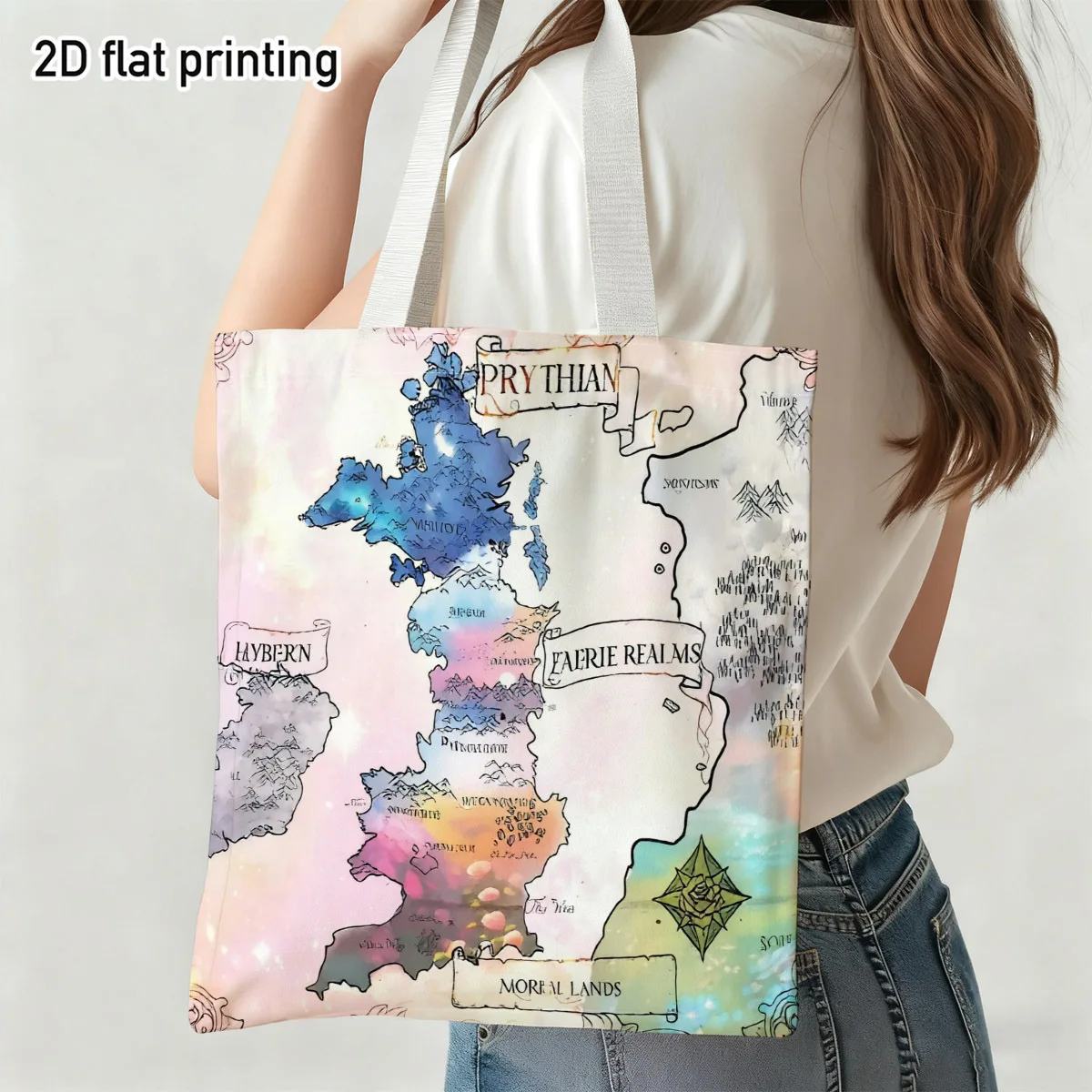 2d Flat 1pc Watercolor Prythian Map Tote Bag, Duplex Prints Fantasy Realm Map Design, Perfect for Grocery Shopping, Beach Trips,