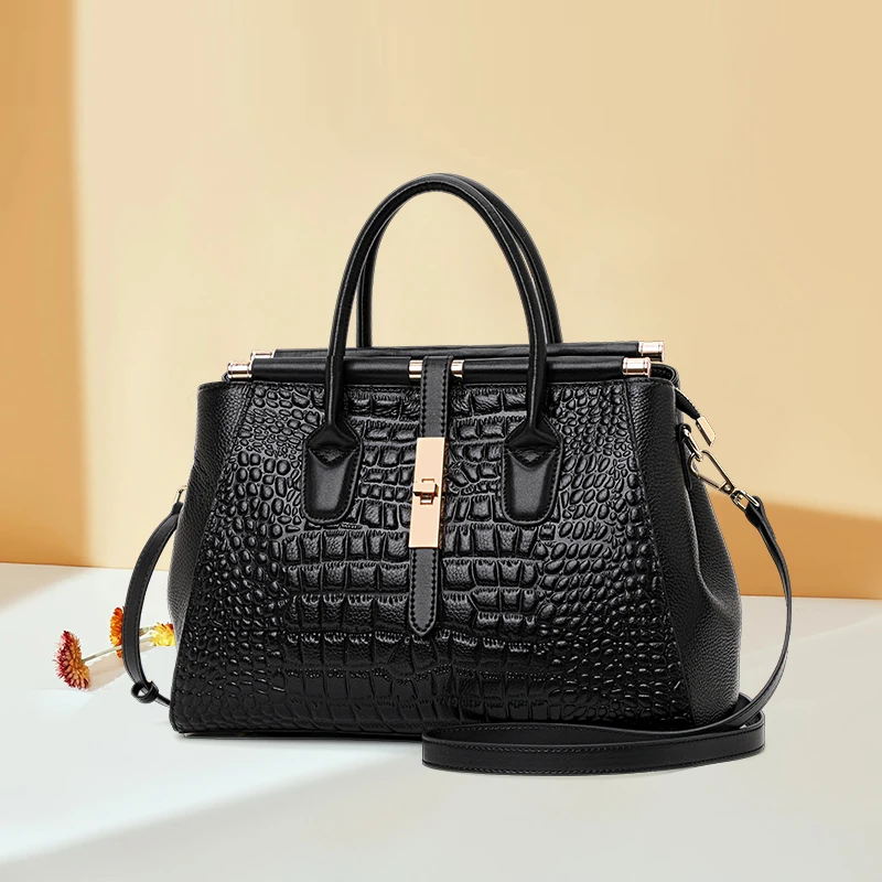 Classic Black Croc Print Cow Leather Handbag Ladies Metal Twist Lock Tote Bag With Detachable Crossbody Shoulder Strap