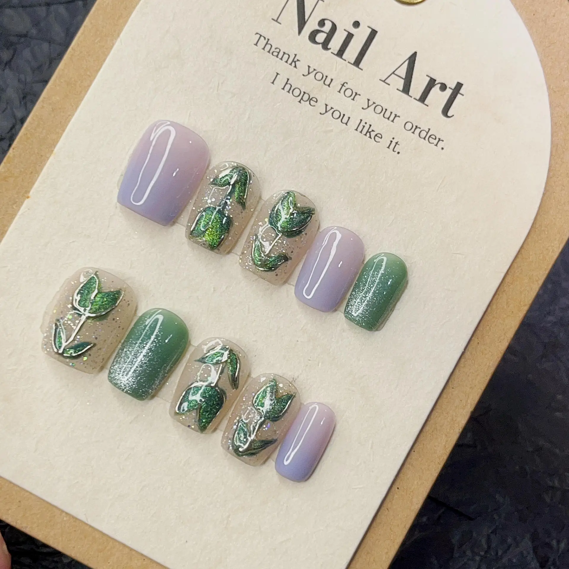 Handmade Press On Nails Pearl Green Fashion Hand Painted Green Gilt Tulip New Retro Medium Long with Luxury and Elegant.No.24522