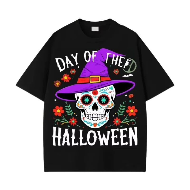 أزياء الهالوين يوم الموتى تي شيرت قطني قابل للتنفس ومريح ملابس الشارع تي شيرت أسود للرجال والنساء تي شيرت