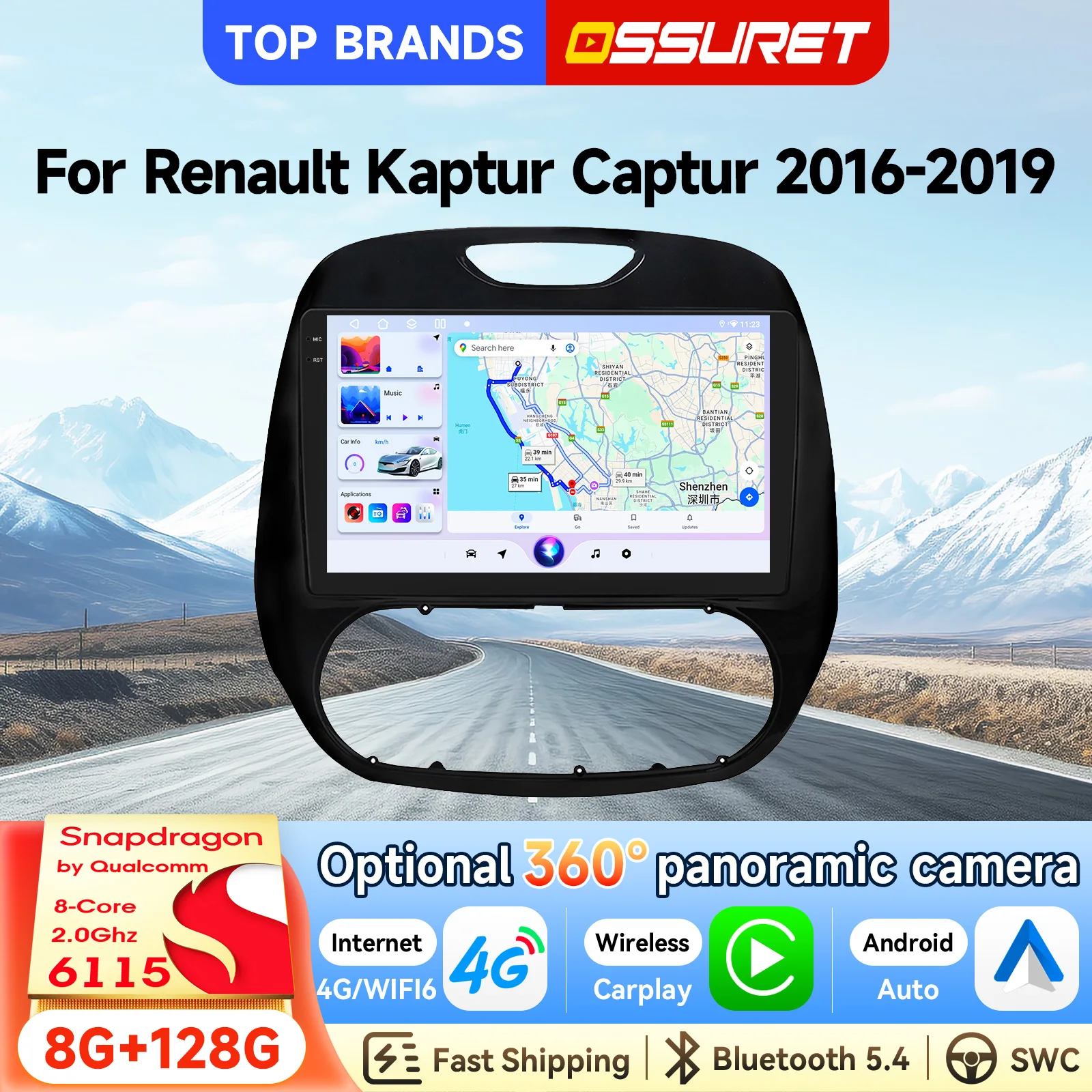 OSSURET Bestseller 9 Zoll 2 Din Android 14 Autoradio für Renault Kaptur Captur 2016-2019 mit Qualcomm Snapdragon 6115 Octa-Core GPS-Navigation Bluetooth Freisprecheinrichtung SWC Wireless Carplay