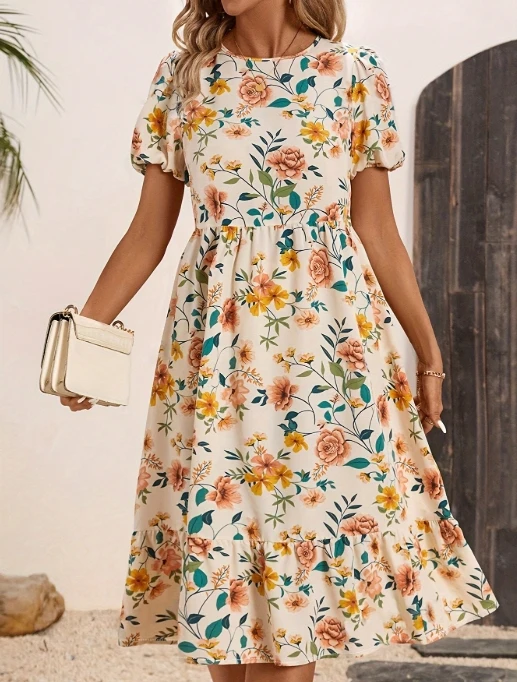 

Casual Women's Dresses Summer Fresh Women's Flower Printed Dress Short Sleeved Commuting Dress for Women Women's Loose Dresses