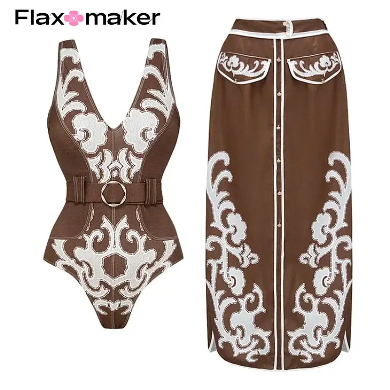 

2024 Swimsuit Splicing V Neck Printed One Piece and Skirt Swimwear Set Women Vacation Beachwear Luxury Bathing Suit Bikini