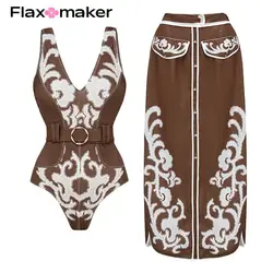 2024 Swimsuit Splicing V Neck Printed One Piece and Skirt Swimwear Set Women  Vacation Beachwear Luxury Bathing Suit Bikini