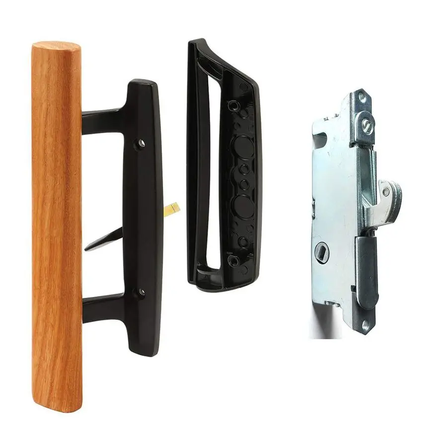 

Sliding Glass Patio Door Handle Set Oak Wood Interior Handle and Exterior Pull in White Diecast FinishMortise Lock 45 Keyway Fit