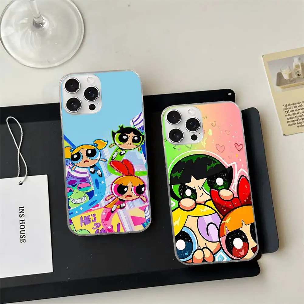 

Cute P-Powerpuff Girls Phone Case For iPhone 17 16 15 14 13 12 11 Pro Plus Max Luxury Laser Silver Gradient Silicone Cover