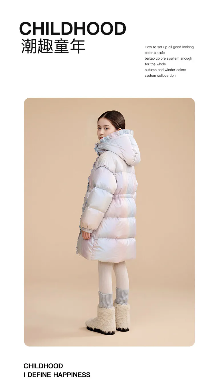 Langer Daunenmantel mit Kapuze für Mädchen, 90 % weiße Entendaunen, warmer Winterparka mit Spitze und Rüschen, winddichte, dicke Oberbekleidung für Teenager und Kinder, A5123 – Detail 3