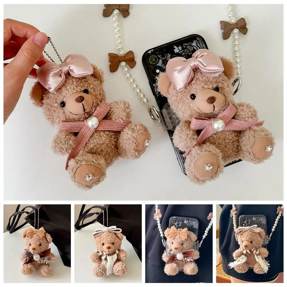 Brown Plush Bear Keychain Plush Doll Handmade Bear Phone Back Clip Kawaii Sweet Bow Fluff Stuffed Animal Key Rings Keyring